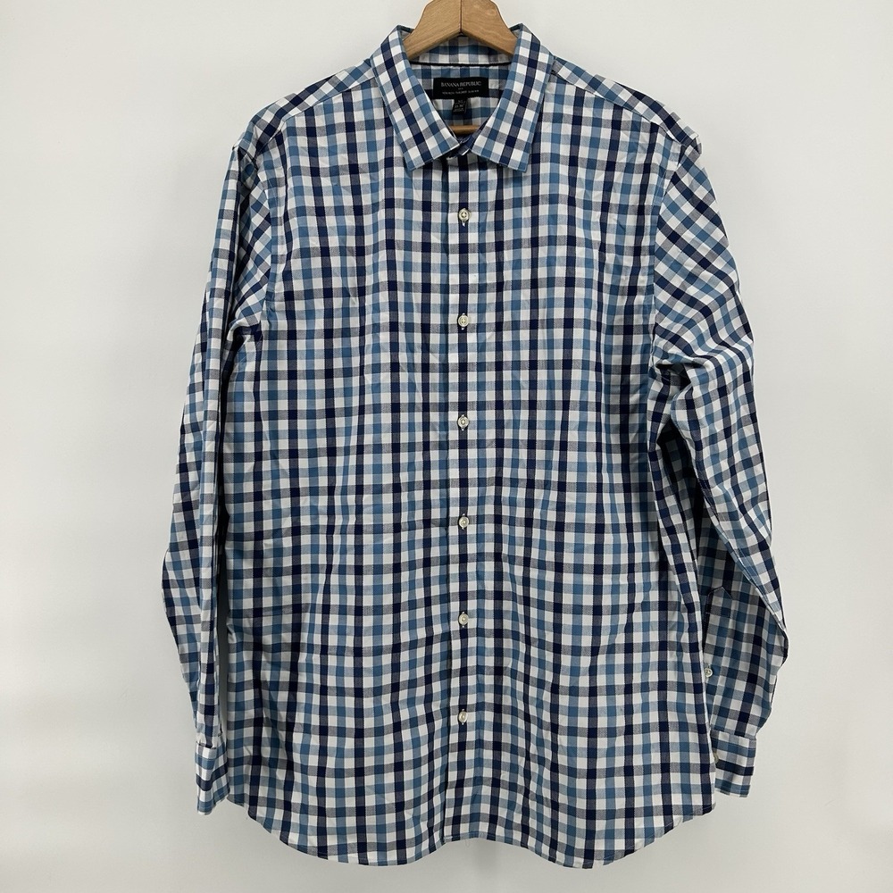 Banana‎ Republic Shirt Mens XL 17-17.5 Non Iron Slim Fit Blue Gingham Dadcore